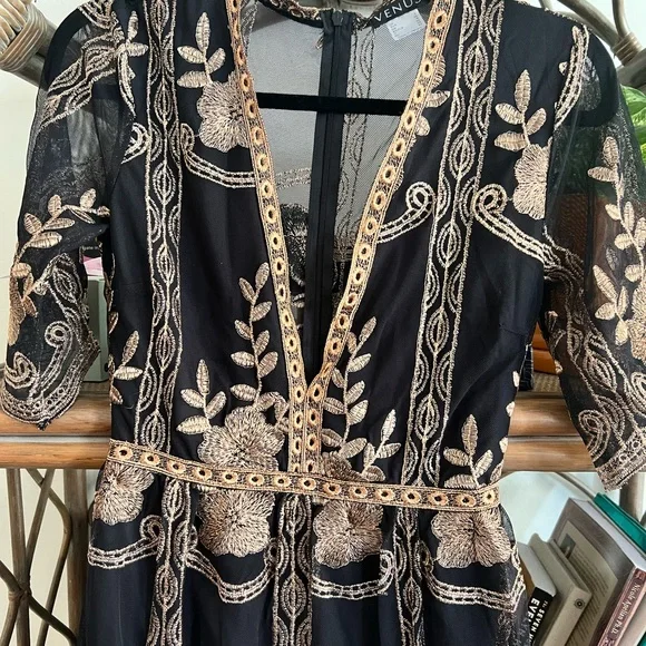 VENUS Black Maxi Dress with Gold Floral Embroidery - Picture 2 of 7